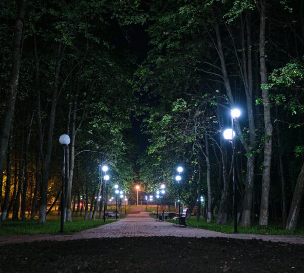 Jardines nocturnos iluminados en un resort de lujo.