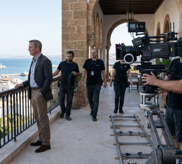 Filming in Tangier: una producción de alto nivel ejecuta una escena en una terraza privada con vistas al Estrecho, utilizando equipo profesional bajo la nítida luz atlántica.