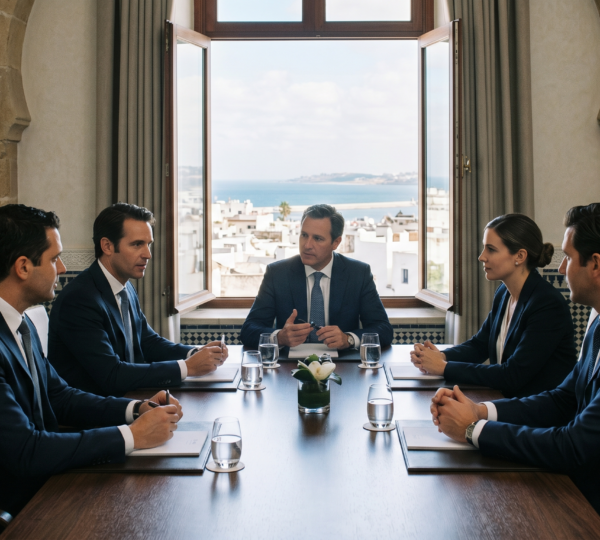 Turismo de congresos en Tánger: infraestructura y hospitalidad premium 1 Turismo de congresos en Tánger: una reunión ejecutiva de alto nivel en una sala patrimonial con vistas al Estrecho de Gibraltar.