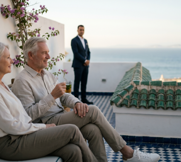 Turismo senior en tánger disfrutando de la privacidad y el confort premium en una terraza privada con vistas al Atlántico